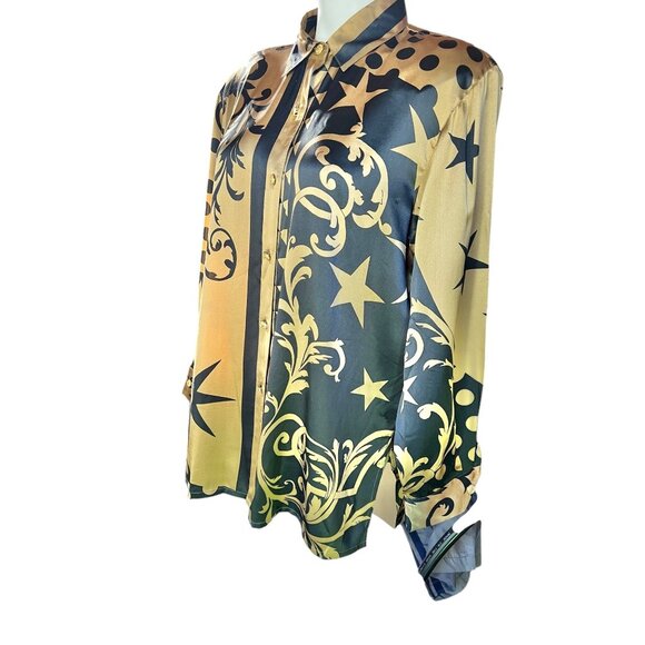 Paolo Santini Womens 14 Silk Button-Up Blouse Shirt Gold Black Baroque Star VTG - Picture 2 of 7
